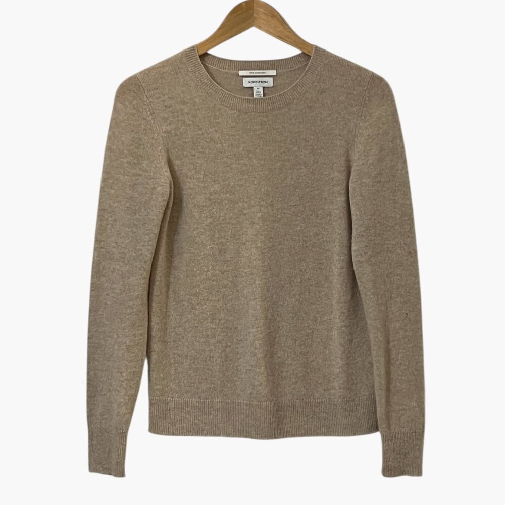 Nordstrom 100% Cashmere Sweater Women XS Tan Oatmeal Crew Neck Pullover Soft